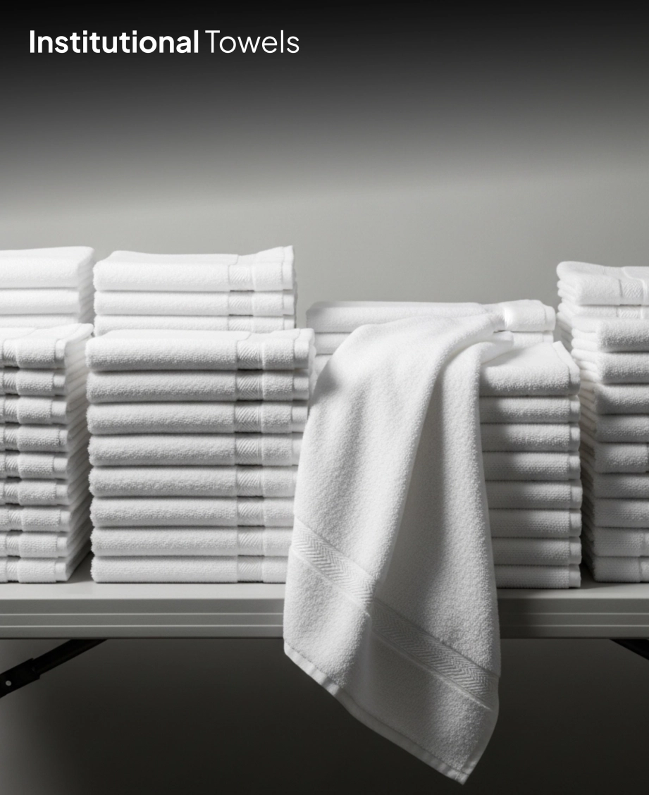 Folded white institutional towels on shelf