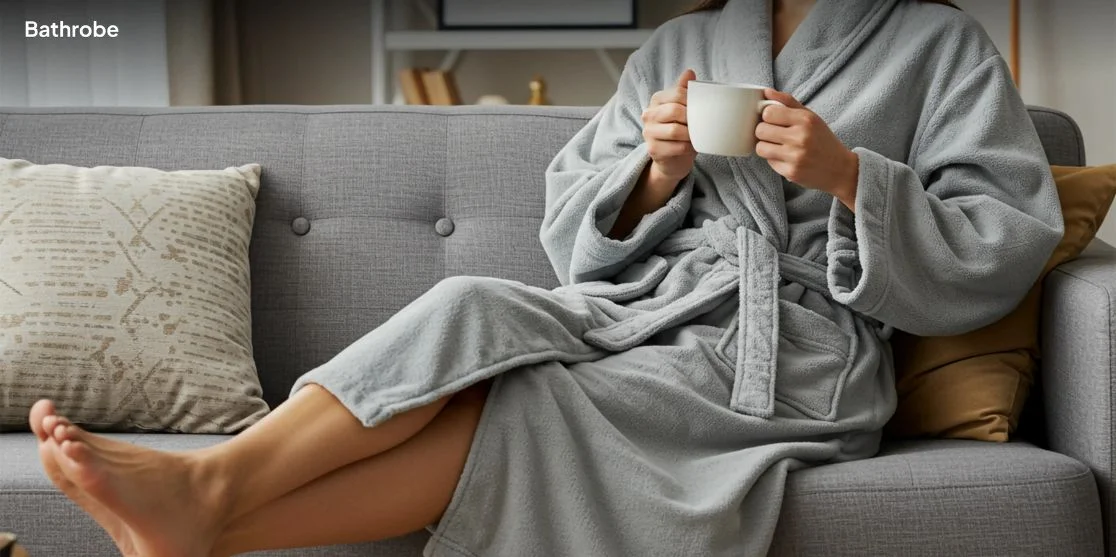 Woman in gray bathrobe holding mug.