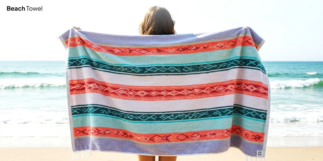 Woman holding colorful beach towel by ocean.