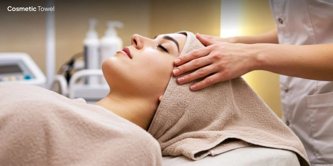 Woman receiving facial over brown towel.