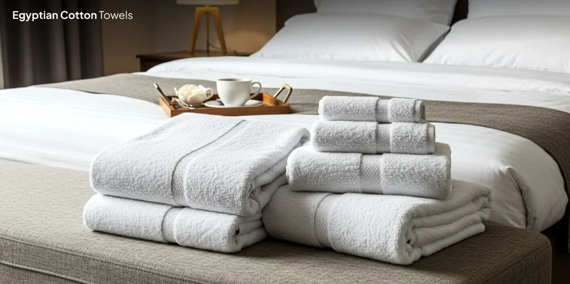 White Egyptian cotton towels on gray ottoman.