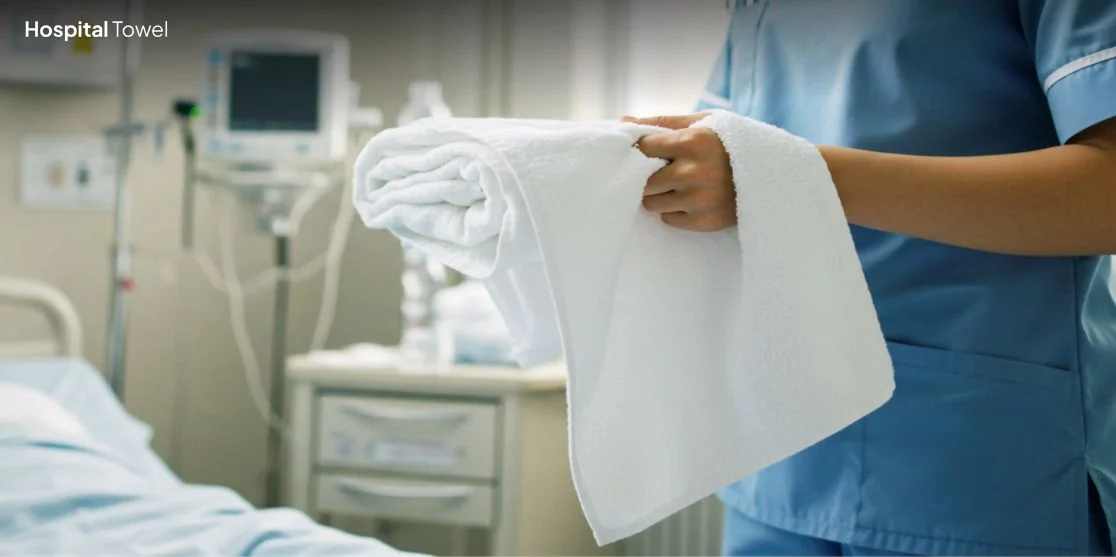 Person in scrubs holding folded hospital towel.