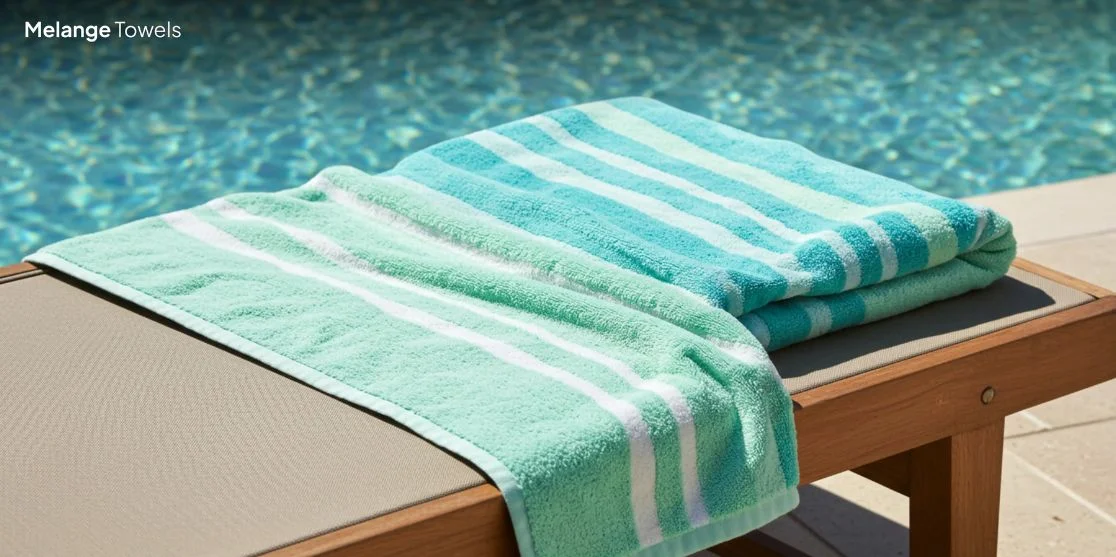 Turquoise striped towel on pool lounger.