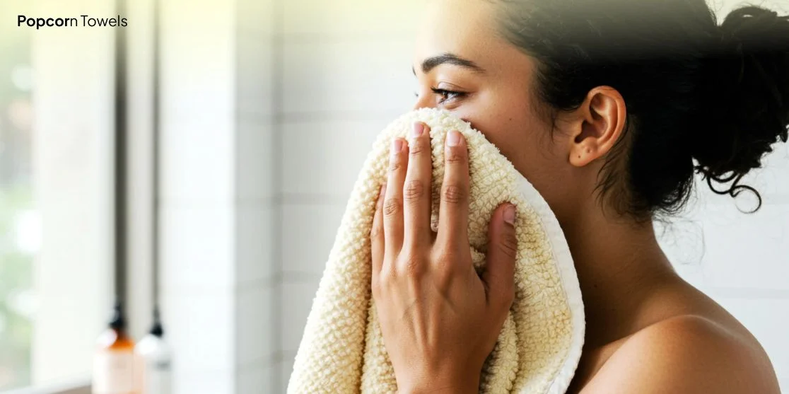 Person holding towel to face in bathroom.