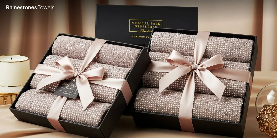 Gift boxes with rhinestone towels.
