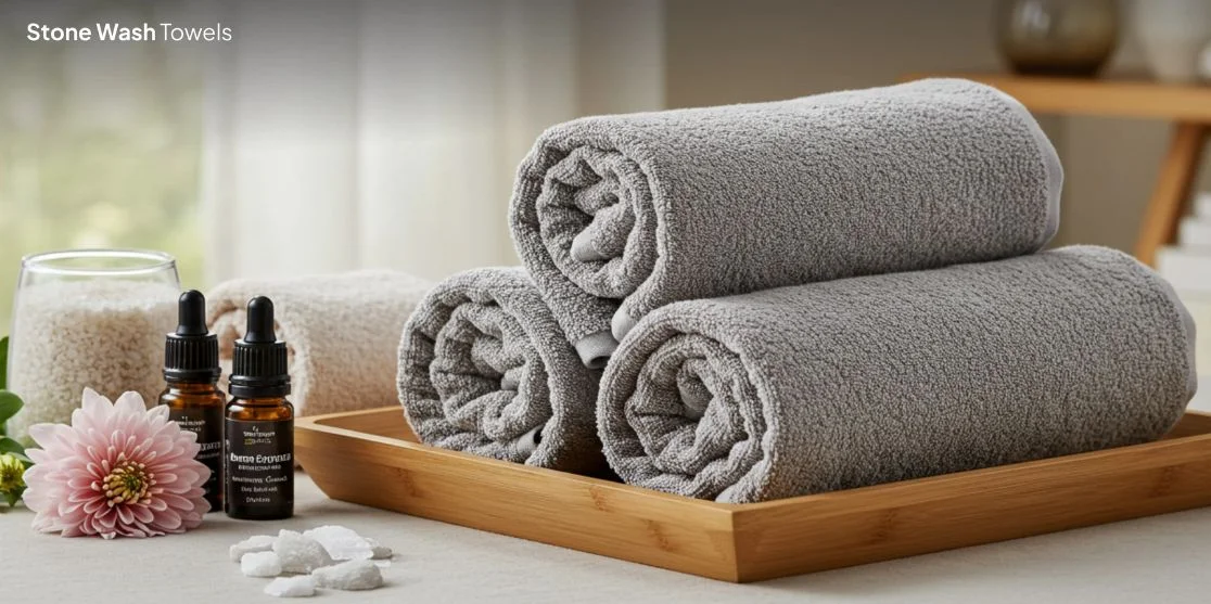 Three gray towels on spa tray.