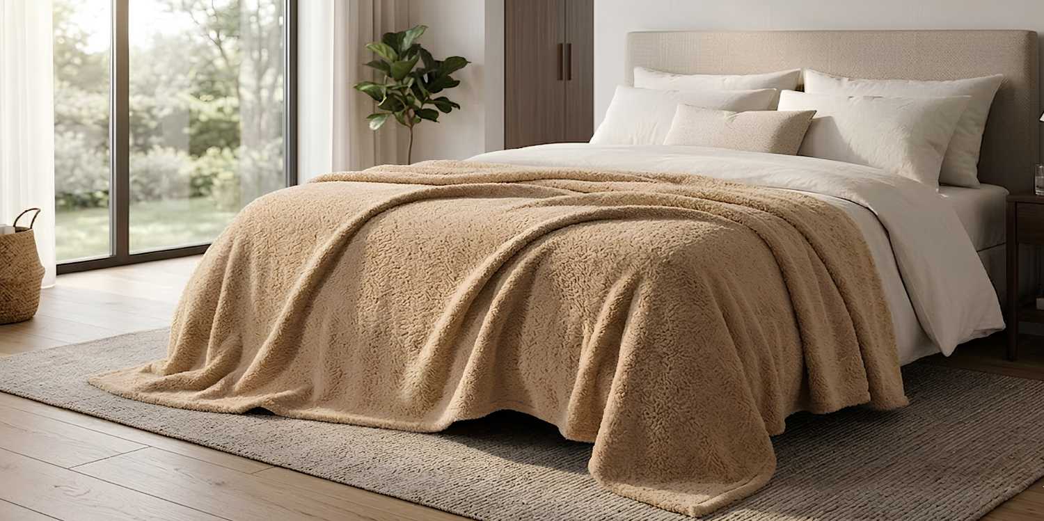Cozy bedroom with gray thermal blanket.