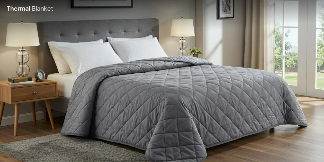 Cozy bedroom with gray thermal blanket.